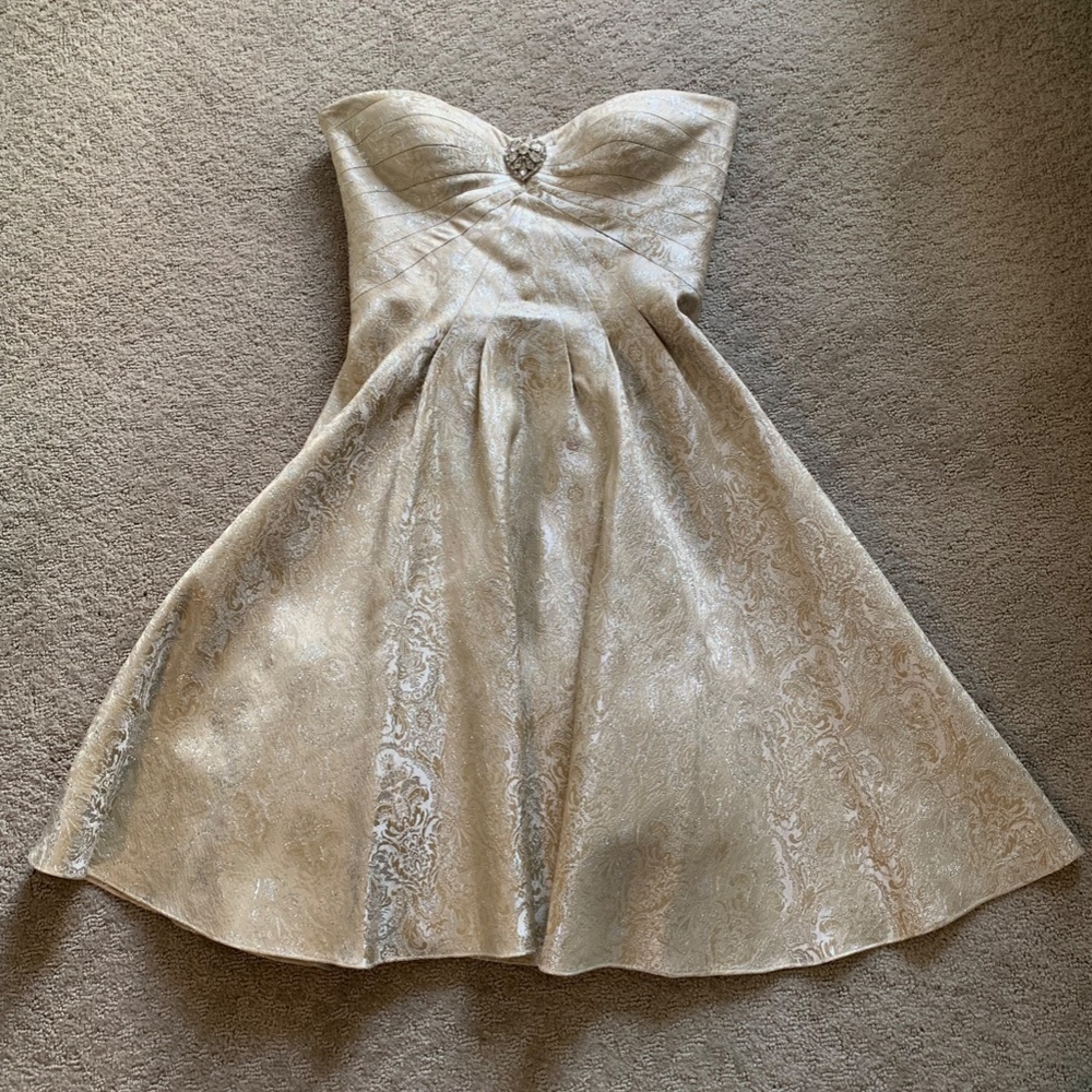Short Bustier Strapless Champagne Dress with Heart Broach Size 6